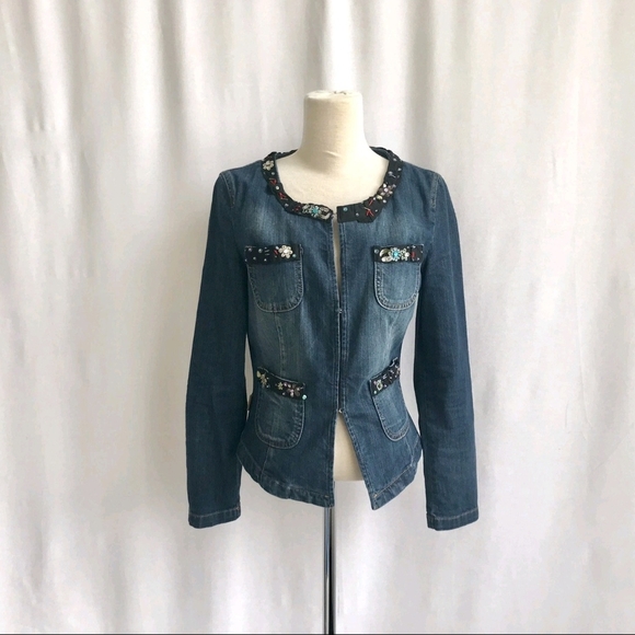 MOSCHINO Jeans  Denim  Collarless Jacket Beading Detail Hook Closure  Size 6 - Picture 1 of 9